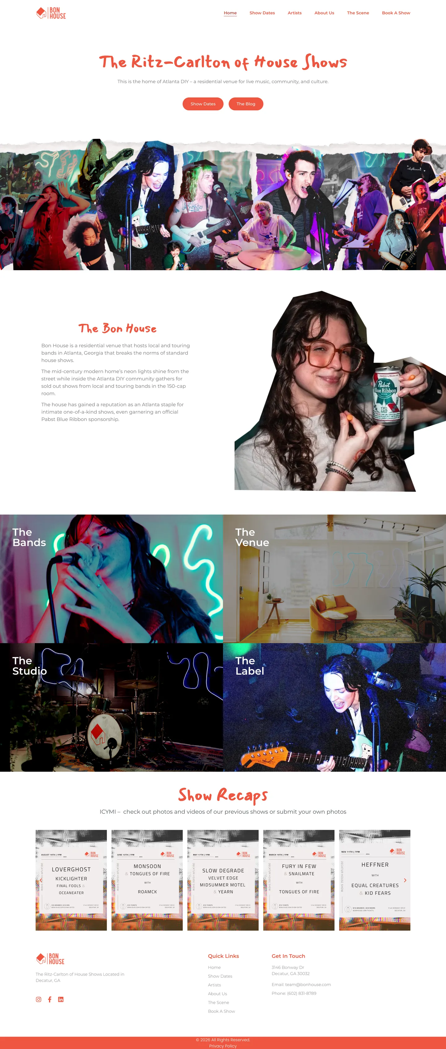 Bon House home page: a brush-script headline over a torn-paper collage hero of live-performance photos, an about panel, and a bands/venue/studio/label grid with show recaps below.