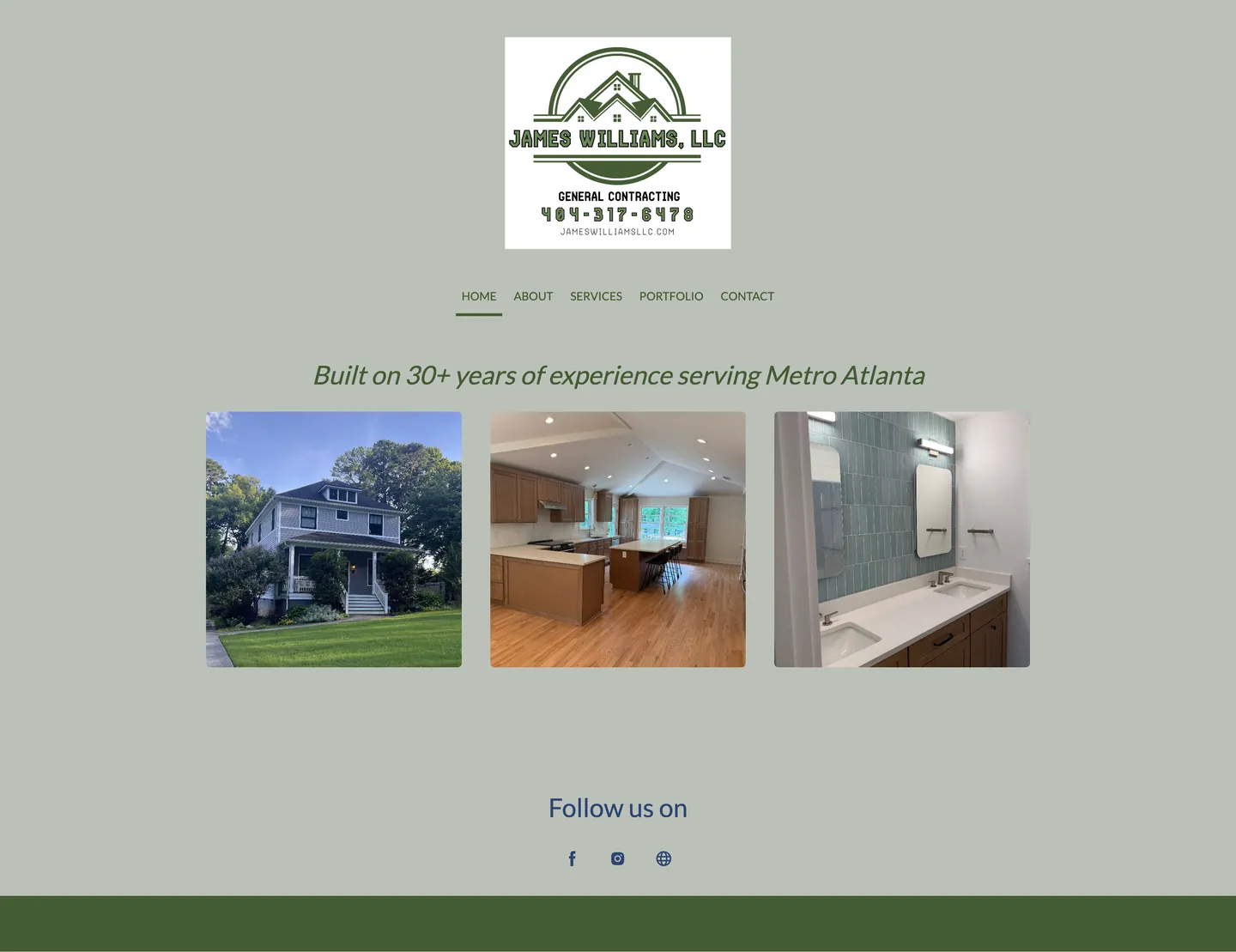 The original James Williams site: a single template page with a centered logo, one italic tagline, three project photos, and a row of social icons on a flat grey background.