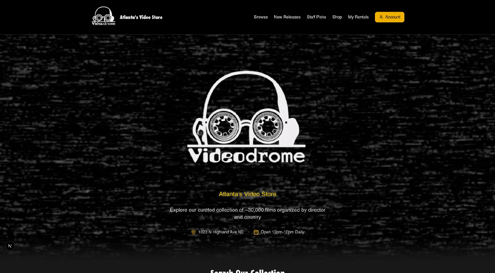 Videodrome storefront hero: the white goggles logo over a TV-static background, with the tagline Atlanta's Video Store.